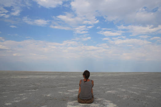 Makgadikgadi Pan - Botswana zoutpannen - leegte rondom, kompas en klok mee want het lijkt dichtbij..
