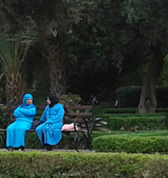 Marrakesh - Pratende dames in park dragen kleurige kleding.